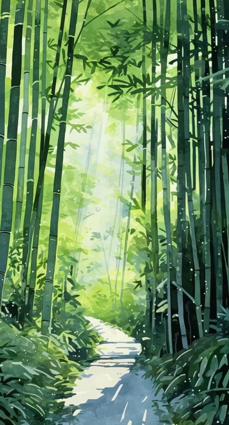 中国风插画春天季节绿色的竹叶竹子植物竹林小路自然环境背景,插画/手绘图,插画/手绘图库,插画/手绘图下载,插画/手绘